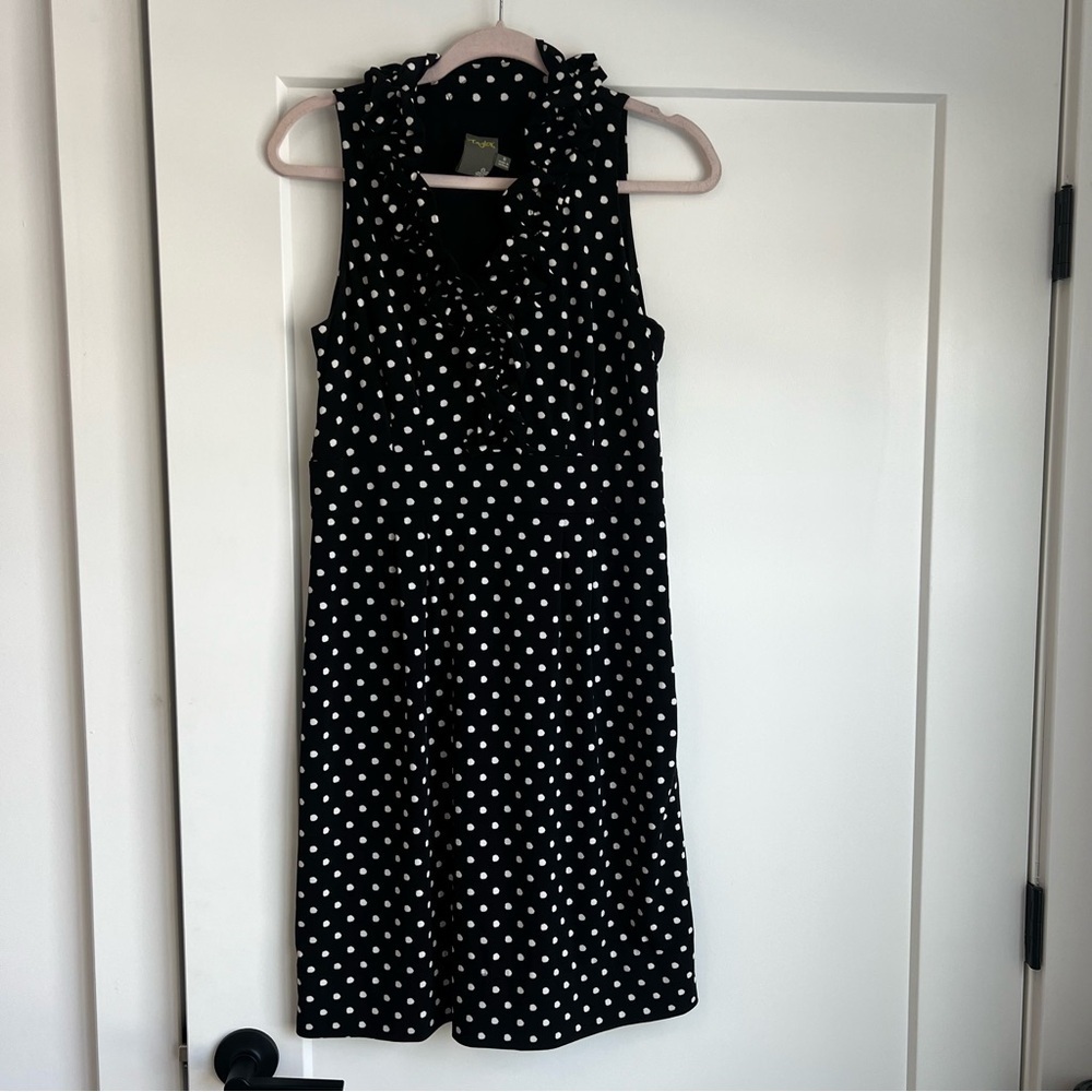Taylor Sleeveless Black and White Polka Dot Ruffle Neck Dress - Picture 3 of 10